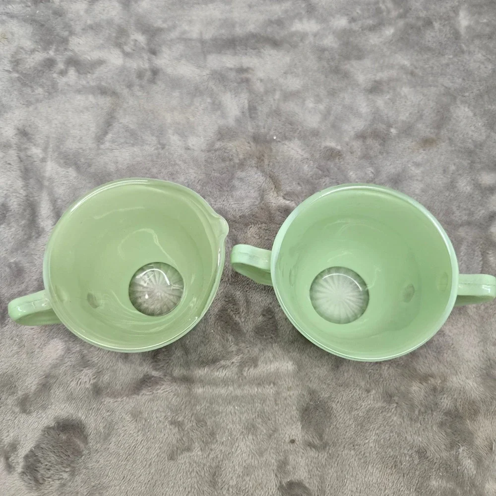 Vintage Jadeite Glass Creamer and Sugar Bowl Set Green Starburst Base 2 Piece